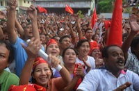 Crowds celebrate the NLD wins in the streets of Rangoon